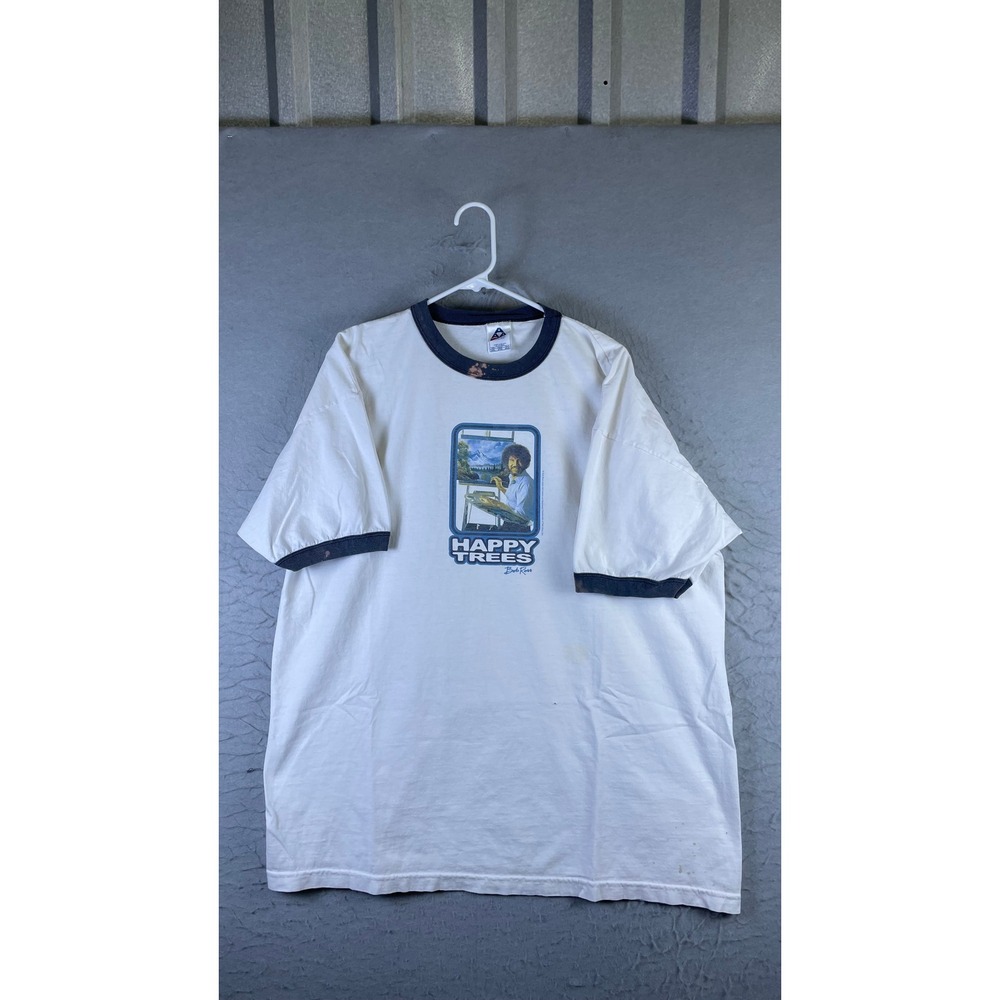 Bob Ross Happy Trees Ringer T-Shirt Mens XL White Blue Fair Graphic Art Tee